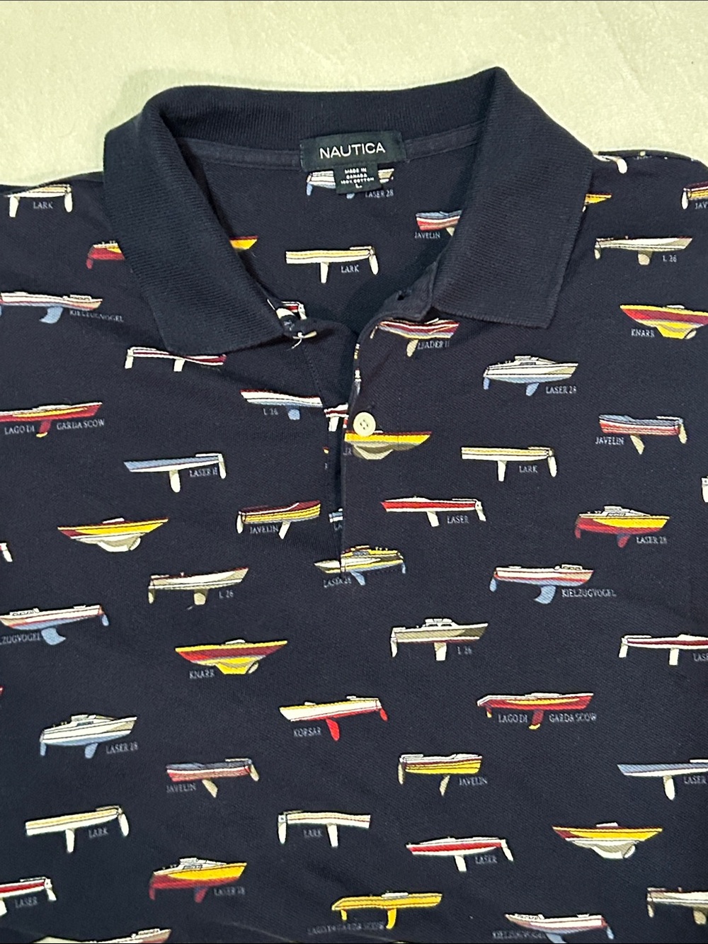 Nautica Polo Shirt Mens Large L Navy Cotton Vintage 90s All Over Print Boats